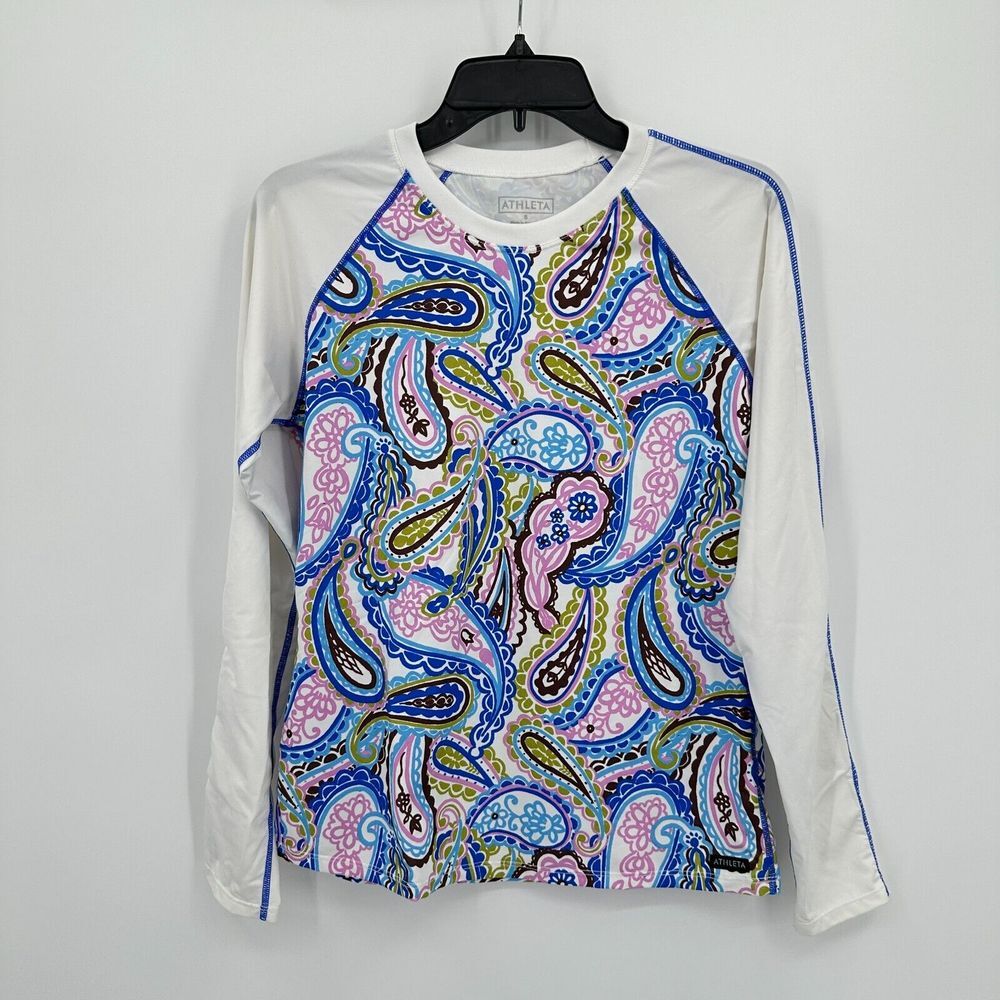 Athleta Top Womens Small White Blue Paisley Activewear Swimwear Rash Guard Beach
